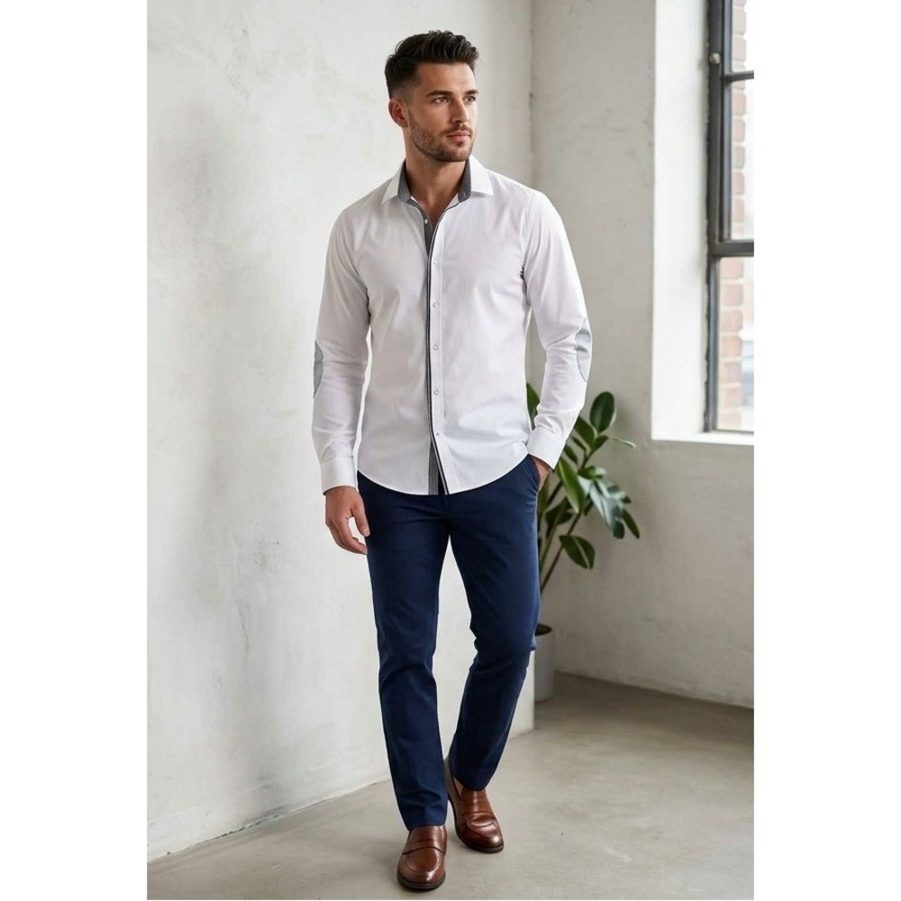 WE Button Down Shirt Mens Large White Grey Elbow Patches Contrast Trim Smart
